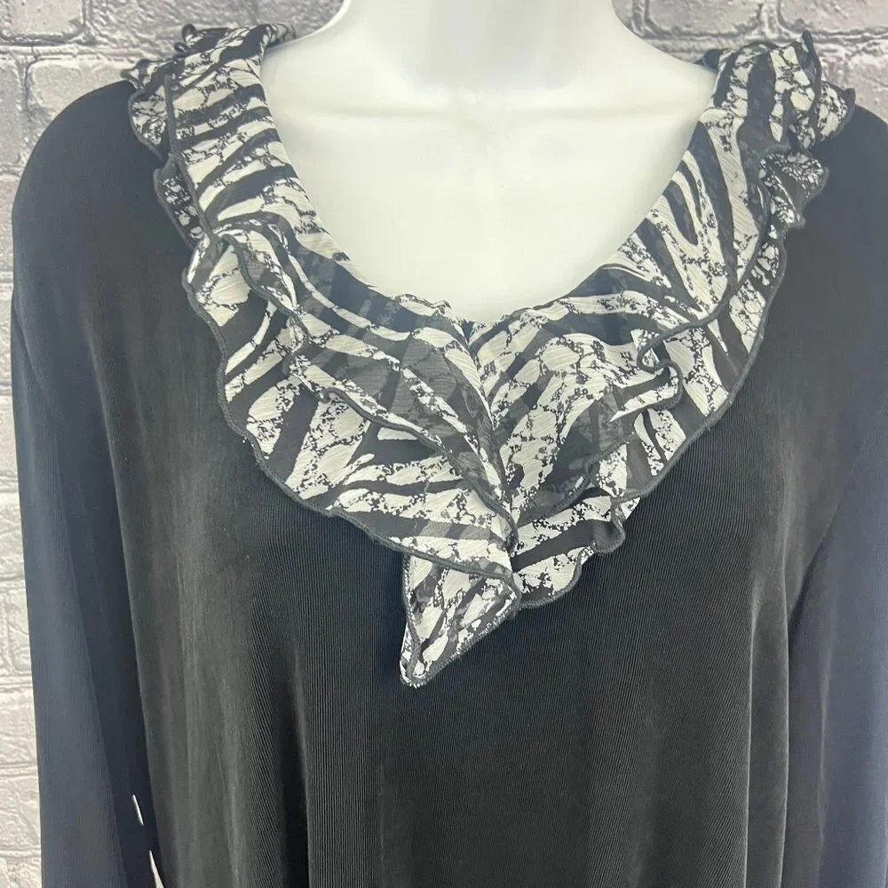 Chico's Travelers Shirt Slinky V-Neck Ruffle Trim Black Size 3 XL 16 - Picture 7 of 8